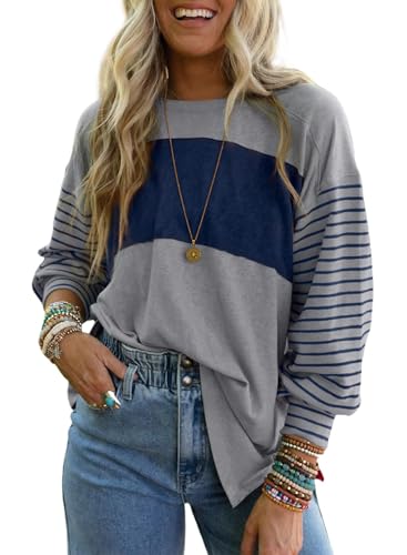 BUNSLOOM Sweatshirt Damen Pullover Oversize Rundhals Langarm Pulli Farbblock Herbst Blusen Lässige Striped Oberteil Tops von BUNSLOOM