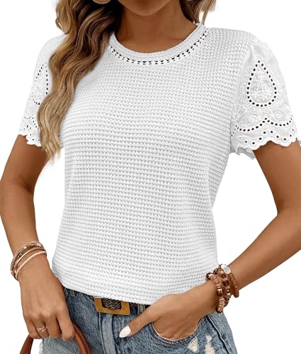 BUNSLOOM T Shirts Damen Sommer Kurzarm Lochstickerei Bluse Elegant Casual Wellensaum Oberteile von BUNSLOOM