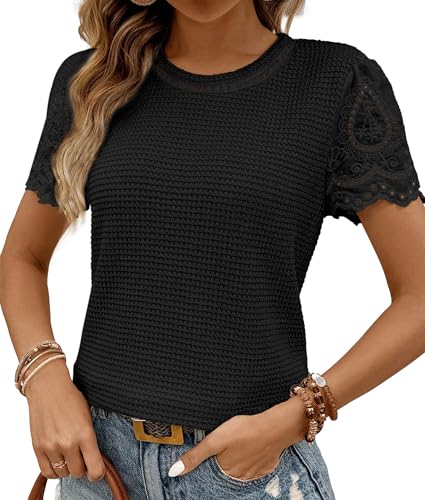 BUNSLOOM T Shirts Damen Sommer Kurzarm Rundhals Waffelstrick Jacquard Casual Bluse Oberteile von BUNSLOOM