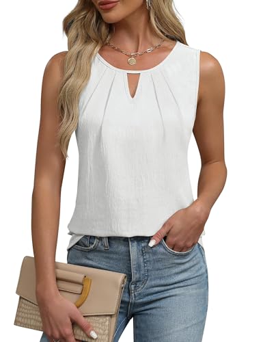 BUNSLOOM Tank Top Damen Sommer Elegante Modische Oberteile Ärmellos Arbeit Shirt Locker Keyhole Blusen Freizeit Frauen Kleidung Weiß L von BUNSLOOM