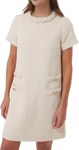 BUNSLOOM Tweed Jackie Kleid Kurze Ärmel Rundhals Herbst A-Linie Minikleid Crew Neck Party Vintage Knopf Winterkleider von BUNSLOOM