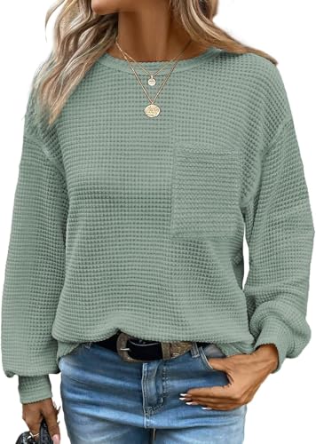 BUNSLOOM Waffle Knit Oberteile Damen Langarm Oversized Shirts Rundhals Bluse Business Casual Basic Tops von BUNSLOOM