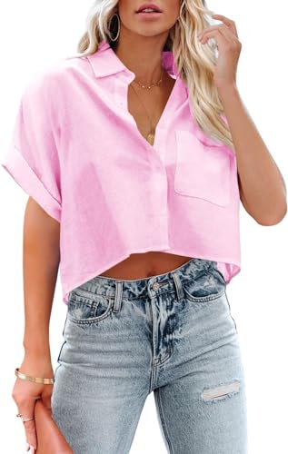 BUNSLOOM Womens Button Down beschnitten Shirts Langarm lässig Crop Tops solide Revers Bluse Shirt mit Brusttasche von BUNSLOOM