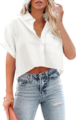 BUNSLOOM Womens Button Down beschnitten Shirts Langarm lässig Crop Tops solide Revers Bluse Shirt mit Brusttasche von BUNSLOOM