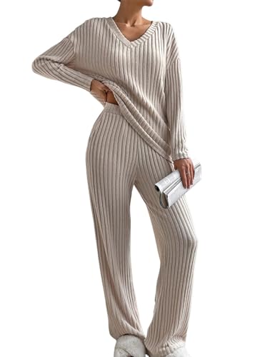 BUNSLOOM Zweiteiler Damen Lounge Set Pyjama Langarm Kurzarm Schlafanzug Geripptes Homewear Set von BUNSLOOM