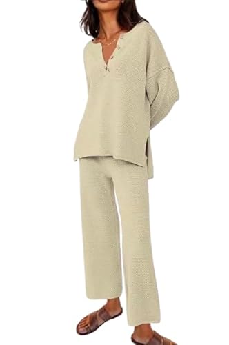 BUNSLOOM Zweiteiler Damen Lounge Set Rundhals Loungewear Gerippt Shirt Top Langärm mit Hose 2 Teiliges Herbst Hausanzug Jogginganzug Set von BUNSLOOM