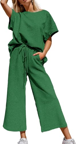 BUNSLOOM Damen 2 Teiliges Set Sweatsuit Kurzarm Oberteil Tunnelzug Hose Cropped Weites Bein Loungewear Set von BUNSLOOM
