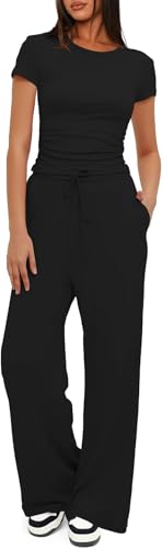 BUNSLOOM Zweiteiler Damen Sommer Lounge Sets Rüschen Kurzarm Tops High Waist Weite Bein Hosen Trainingsanzug Sets von BUNSLOOM