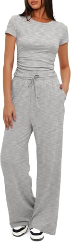 BUNSLOOM Zweiteiler Damen Sommer Set Raffung Kurzarm Crop Top High Waist Weite Hose Trainingsanzug Loungewear von BUNSLOOM