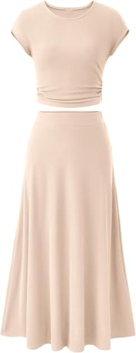 BUNSLOOM 2-teiliges Damen Sommer Outfit Zweiteil Set Kurzarm Strick Oberteil Raffung Elastischer Bund A-Linie Midirock von BUNSLOOM