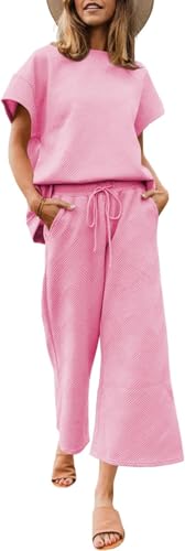 BUNSLOOM Zweiteiler Damen strukturierter Sweatanzug Freizeitanzug set Trainingsanzug Set Kurzarm Jogginganzug 2 Teilig Outfits von BUNSLOOM