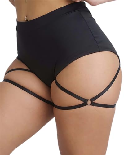 Damen Booty Shorts mit Strumpfgürtel Hohe Taille Fitness Pole Dance Hot Pants Active Butt Lifting Yogahose, B-schwarz, Groß von BUNSLOOM