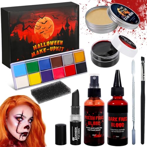 BUOAZR Halloween Spezialeffekt Make up Set, Kunstblut, Narbenwachs, Kunstblut Gel&12 Farben Gesicht Body Painting, Schwamm&Pinsel&Schwarzer Lippenstift,Halloween Schminke für Halloween Partys Karneval BUOAZR Halloween Spezialeffekt Make up Set, Kunstblut, Narbenwachs, Kunstblut Gel&12 Farben Gesicht Body Painting, Schwamm&Pinsel&Schwarzer Lippenstift,Halloween Schminke für Halloween Partys Karneval von BUOAZR