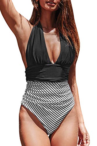 BUOYDM Damen-Badeanzug, einteilig, Push-Up-Bikini, Badeanzug, Vintage-Badeanzug, Strandmode, Schwarz, Größe L (US) von BUOYDM