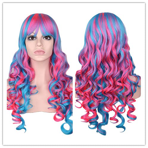 Regenbogen bunte synthetische lange lockige Haar Perücke Cosplay Party Frauen Hochtemperatur Perücken (Color : Blue pink, Size : 24inches) von BUPEI