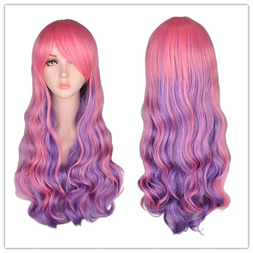 Regenbogen bunte synthetische lange lockige Haar Perücke Cosplay Party Frauen Hochtemperatur Perücken (Color : Pink purple, Size : 24inches) von BUPEI