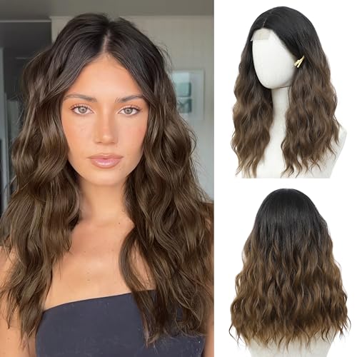 BUPPLER Schwarze Braune Perücke 18 Inch Mittellange Perücken für Frauen Mittelteil Kunsthaar Wellige Perücke mit verbesserten Strähnen, Naturhaarperücke für den täglichen Gebrauch Party/Halloween von BUPPLER