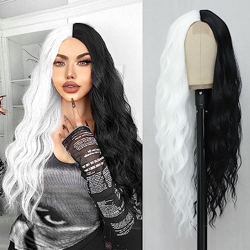 BUPPLER Lange Cosplay-Perücke in Schwarz und Weiß, 71,1 cm, Mittelteil, synthetische Perücke, realistische Party-Perücken für Frauen, für den täglichen Gebrauch, bunte Perücken (schwarz und weiß) von BUPPLER