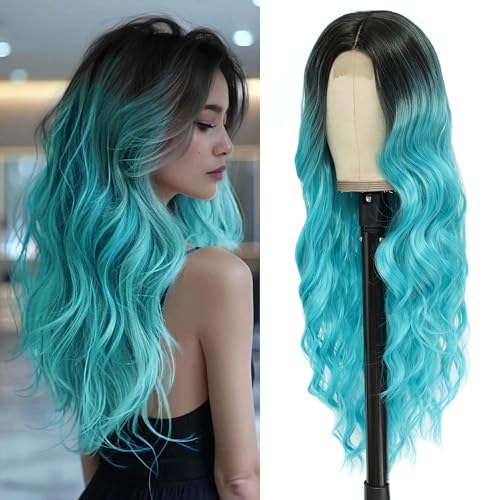 BUPPLER Cosplay Long Teal Wig 26 Inch Middle Part Synthetic Wig Realistic Gifts Party Wigs for Women Daily Use Colorful Wigs (Teal) von BUPPLER