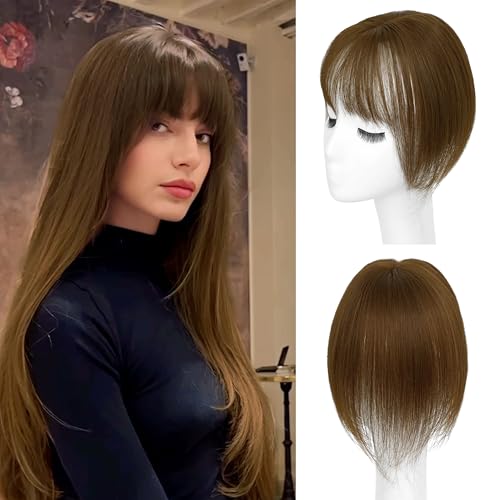 BUPPLER Haar Topper für Frauen Echthaar-360°3D Topper mit Pony für Dünner Werdendes Haar Clip in Pony mit Verbesserter Seidenbasis,Perfekt für Den Täglichen Gebrauch,5x10 Braun-4# von BUPPLER