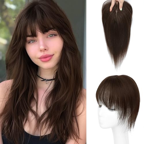 BUPPLER Haar Topper für Frauen Echthaar-U Form Toppers Haarteile für Frauen mit dünner werdenden Haaren 150% Dichte Seidenbasis Clip in Human Topper mit Pony für den täglichen Gebrauch(Dunkelbraun) von BUPPLER