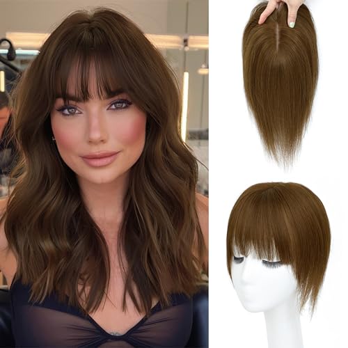 BUPPLER Haar Topper für Frauen Echthaar-U Form Toppers Haarteile für Frauen mit dünner werdenden Haaren 150% Dichte Seidenbasis Clip in Human Topper mit Pony für den täglichen Gebrauch(Braun) von BUPPLER