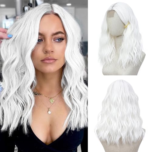 BUPPLER Weiß Perücke 45,72 cm Mittellange Perücken für Frauen Mittelscheitel Synthetisches Haar Wellige Perücke mit verbesserten Strähnen,Natürliche Perücke für Alltag Party/Halloween von BUPPLER