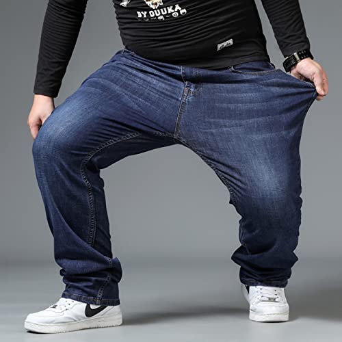 BURAANSH Herren Große Größe Schwarze Jeans Gummiband Übergröße Hohe Taille Lose Hose Ehemann Plus Größe Fette Lose Blaue Männliche Jeanshose,Blau,48(135-145Kg) von BURAANSH