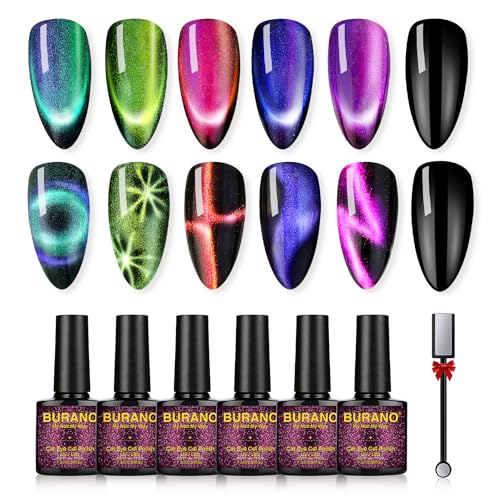 BURANO 9D Cat Eye Magnetischer Nagellack UV Set, 6 Farben Mit Magnetstiften Holorgraphic Cateye UV Gel Nail Polish (Kit03) von BURANO