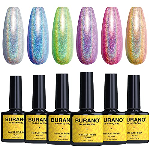 BURANO Holographischer UV Nagellack, 6-Farben Metallic Glitter Gel Polish Nail Art Gel Set, Einweichen von BURANO