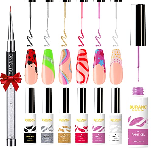 BURANO UV Painted Gel Nagellack, 6 Farben mit Nagelpinsel Nail Liner Gel Paint Neon Drawing für Line Nail Art, Gel Painting Nails Art Design Gel Polish Set Silber Gold 01 von BURANO