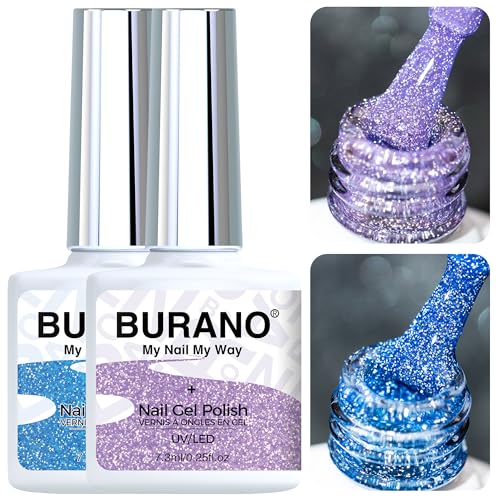 BURANO Reflective UV Glitzer Nagellack, Lila Blau Nagel Gel Glitzer UV Lack, 7.3ml 2 Flaschen Glitzer Gel Nägel Nagellack Holographisch Nail Gel Polish Curing Need S9 S23 von BURANO