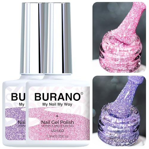 BURANO Reflective UV Glitzer Nagellack, Rosa Lila Nagel Gel Glitzer UV Lack, 7.3ml 2 Flaschen Glitzer Gel Nägel Nagellack Holographisch Nail Gel Polish Curing Need S21 S9 von BURANO