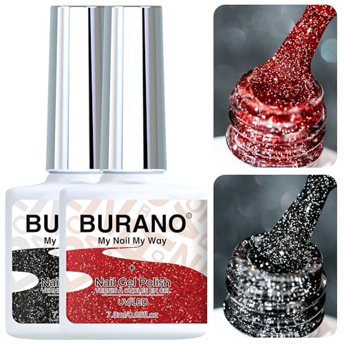 BURANO Reflective UV Glitzer Nagellack, Rot Schwarz Nagel Gel Glitzer UV Lack, 7.3ml 2 Flaschen Glitzer Gel Nägel Nagellack Holographisch Nail Gel Polish Curing Need S26 S15 von BURANO