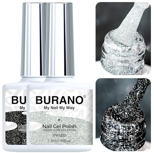 BURANO Reflective UV Glitzer Nagellack, Silber Schwarz Nagel Gel Glitzer UV Lack, 7.3ml 2 FlaschenGlitzer Gel Nägel Nagellack Holographisch Nail Gel Polish Curing Need S11 S15 von BURANO