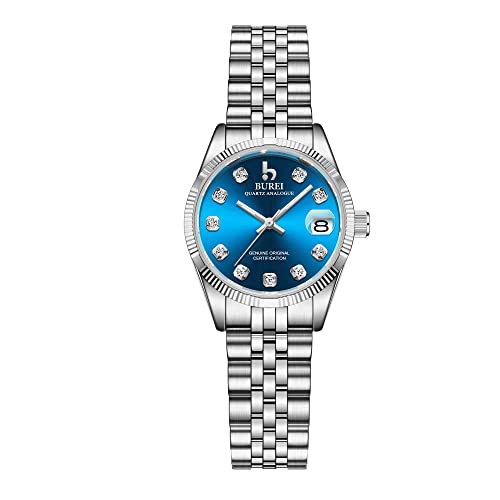 BUREI 30MM Mode Damen Uhr Silber Edelstahl Armbanduhren Analog Quarz Uhren mit Kalender muttertagsgeschenk von BUREI