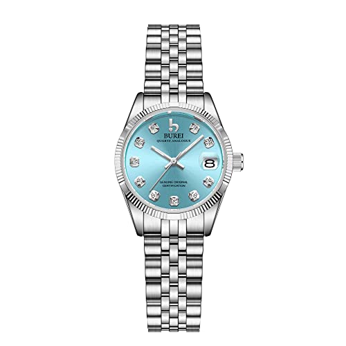 BUREI 30MM Mode Damen Uhr Silber Edelstahl Armbanduhren Analog Quarz Uhren mit Kalender muttertagsgeschenk von BUREI