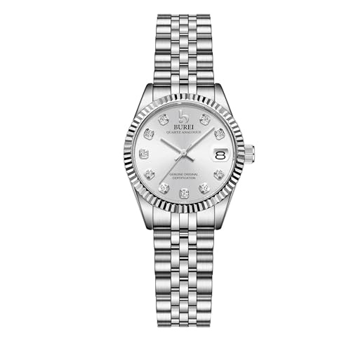 BUREI 30MM Mode Damen Uhr Silber Edelstahl Armbanduhren Analog Quarz Uhren mit Kalender von BUREI
