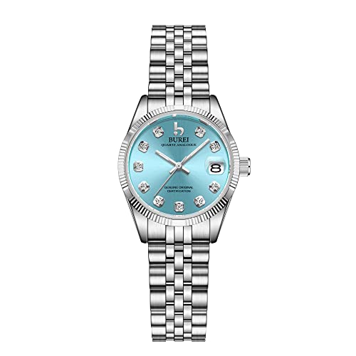 BUREI 36MM Mode Damen Uhr Silber Edelstahl Armbanduhren Analog Quarz Uhren mit Kalender muttertagsgeschenk von BUREI