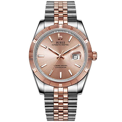 BUREI Automatik Uhr Herren Armbanduhr wasserdichte Herrenuhren Luxus Mechanische Uhr mit Silber Edelstahlband Roségold von BUREI