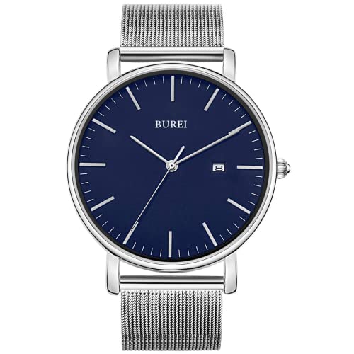 BUREI Herren Uhren Ultra Dünne Schwarze Minimalistische Quartz mit Datumsanzeige (Silber Blau) von BUREI