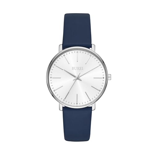 BUREI Frauen Uhren Mode Minimalistisch Analog Leder Quarz Wasserdicht Uhren für Frauen (Blue Silber) von BUREI