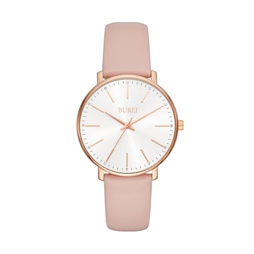 BUREI Frauen Uhren Mode Minimalistisch Analog Leder Quarz Wasserdicht Uhren für Frauen (Weiß-Gold-Pink) von BUREI