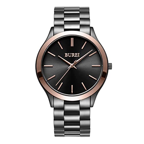 BUREI Herren Uhren Schwarze Minimalistische Quartz Armbanduhr für Männer 44mm große Kleideruhr mit Edelstahlband von BUREI