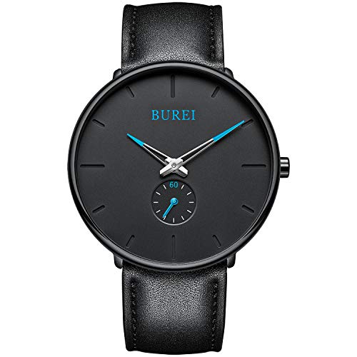 BUREI Herren Armbanduhr Minimalist Ultra Slim Schwarzes dial Analoge Quarz Blaue-Zeiger mit schwarzem Lederband von BUREI