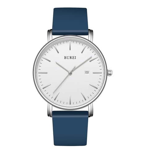 BUREI Herren Armbanduhren Mode Minimalistisch Analog Silikon Quarz Wasserdicht Uhren für Männer (Blau und Silber) von BUREI