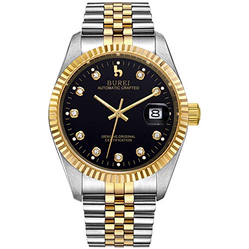 BUREI Herren Automatik Automatikuhr Elegant Lässig Mechanisch Herrenuhr Mit Saphirglas Und Datumskalender Edelstahlarmband (Schwarz-Gold) von BUREI