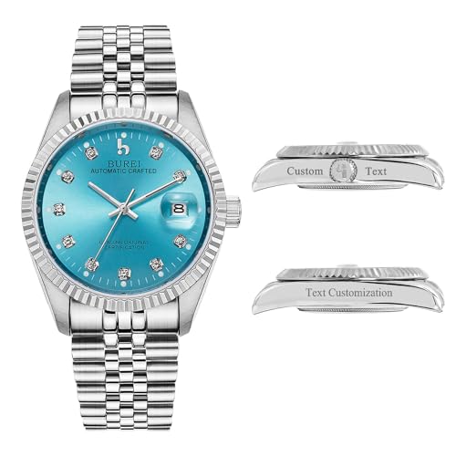 BUREI Herren Custom Uhren Personalisiertes Luxus -automatik -Armbanduhrgesschenk, Kalenderdatum Display Mit Saphirkristall -Strass -markern(Blau) von BUREI