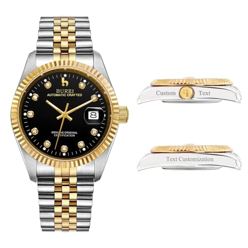 BUREI Herren Custom Uhren Personalisiertes Luxus -automatik -Armbanduhrgesschenk, Kalenderdatum Display Mit Saphirkristall -Strass -markern(Schwarzes Gold) von BUREI