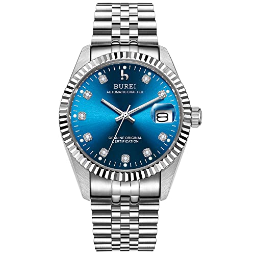 BUREI 38mm Automatik Uhr Herren Luxus Diamant Armbanduhr für Männer Mit Saphirglas Datumskalender (Marineblau und Silber) von BUREI